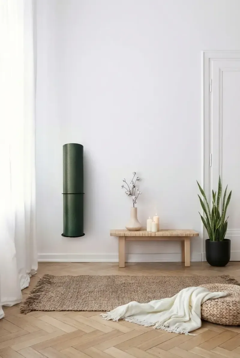 MatBase Yogamattenhalterung mit grüner Yogamatte an der Wand in hellem Wohnraum mit Holzbank und Pflanze