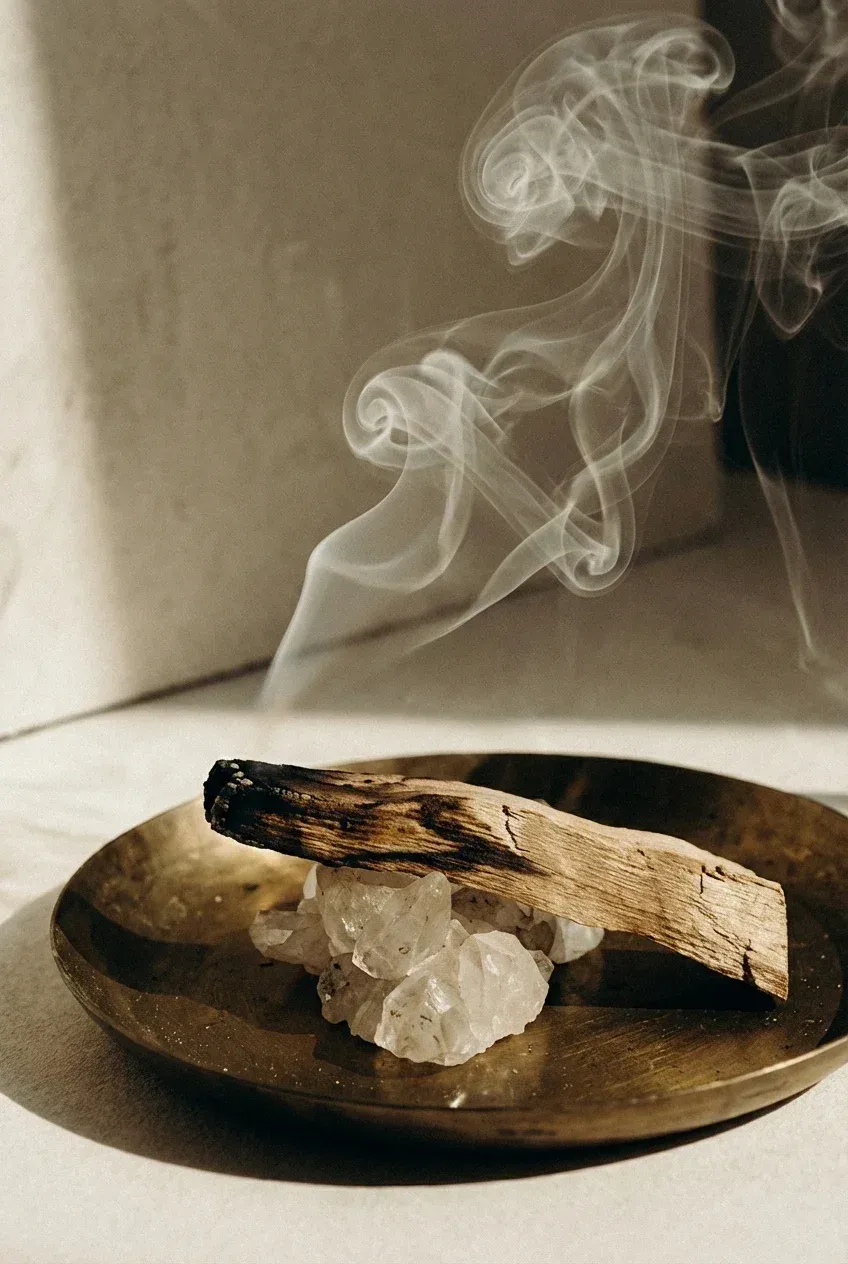 Glimmendes Palo Santo Räucherholz in Messingschale auf Kristallen