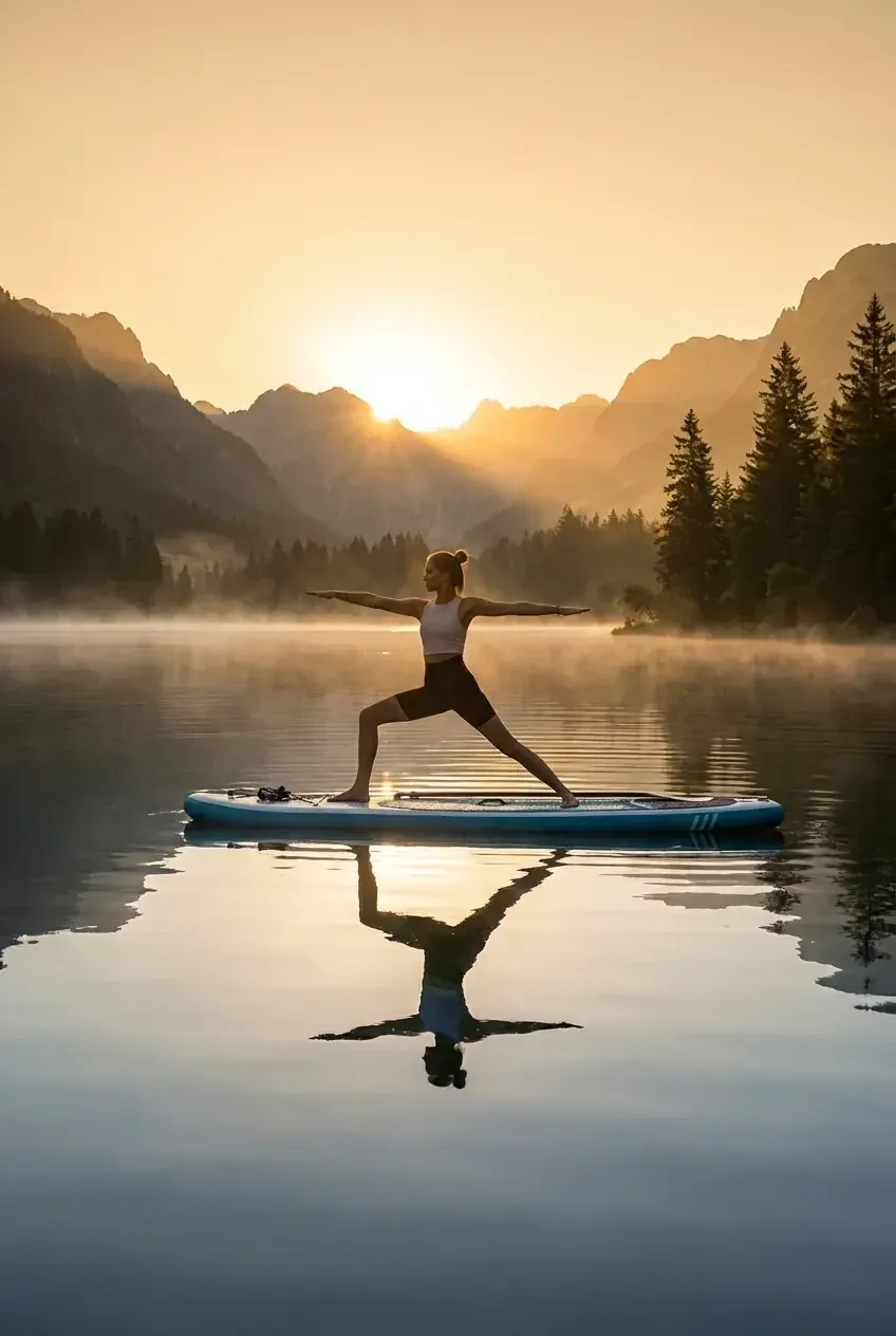 Frau in der Kriegerhaltung auf einem SUP-Board auf einem Bergsee bei Sonnenaufgang – SUP Yoga im Retreat