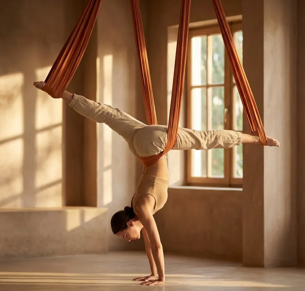 Frau im Handstand mit den Beinen in orangefarbenen Aerial-Yoga-Tüchern in einem sonnigen Raum – Aerial Yoga