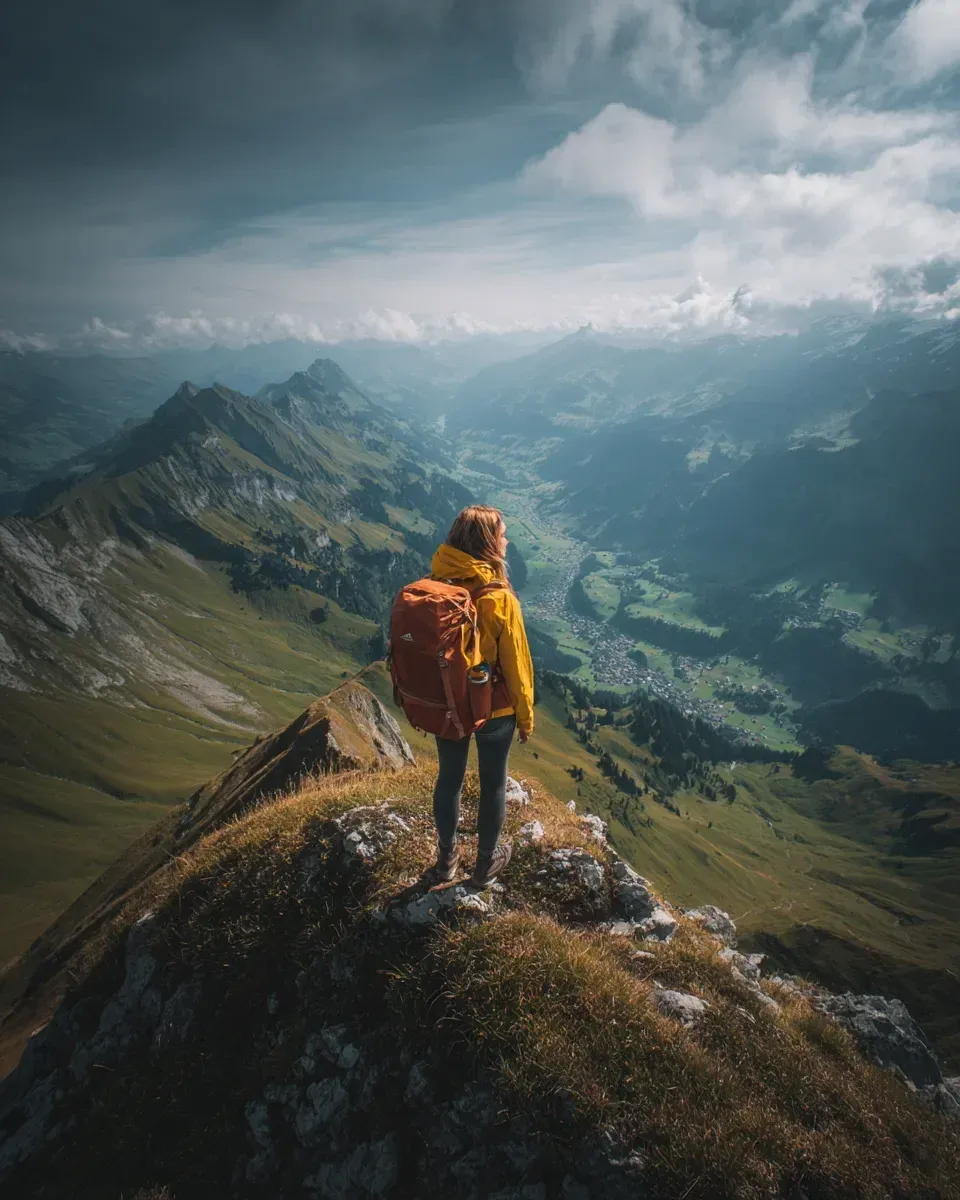 Frau steht auf Berggipfel und schaut ins Tal