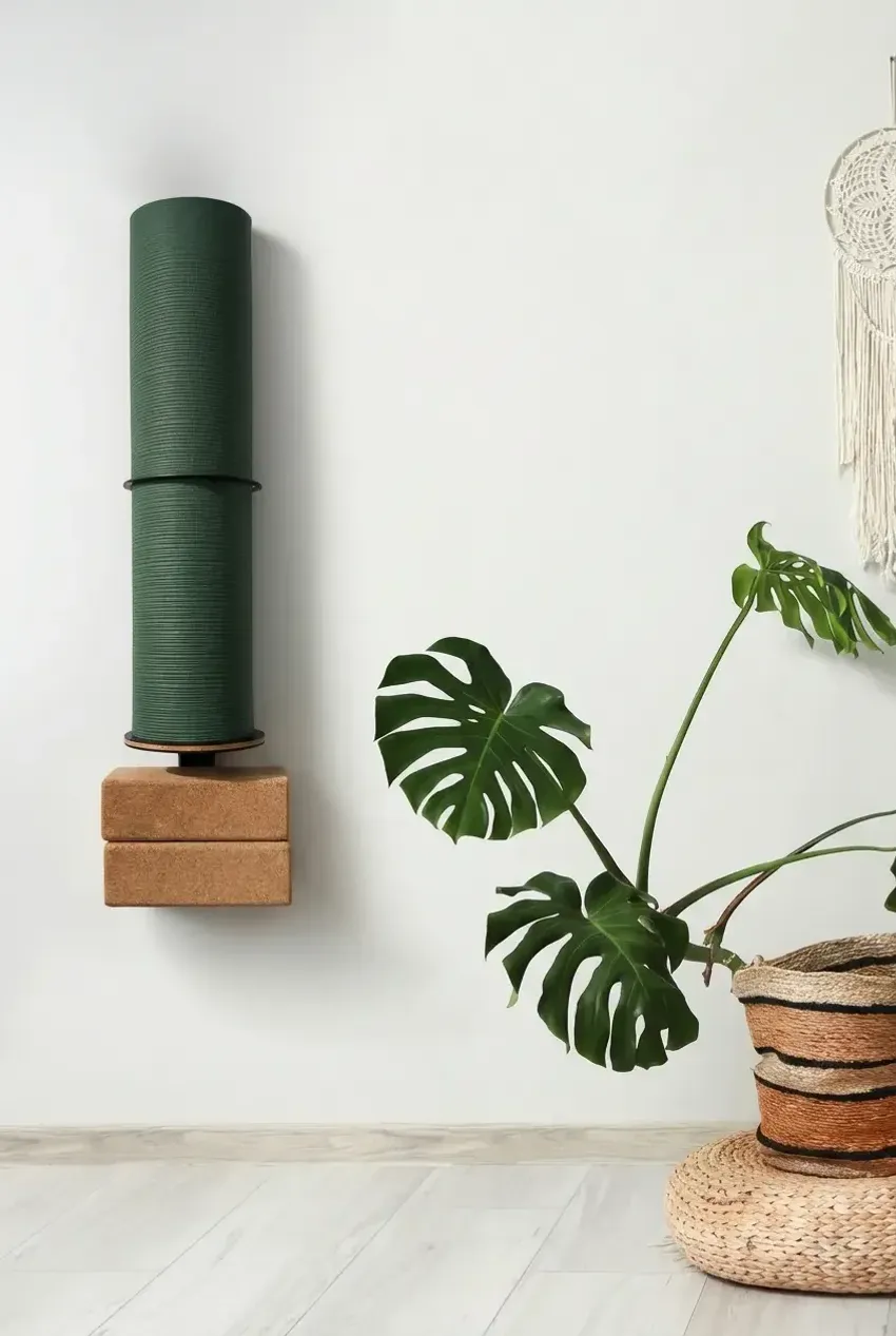 DuoBase Yogamattenhalterung mit grüner Matte und Korkblöcken an heller Wand neben einer Monstera