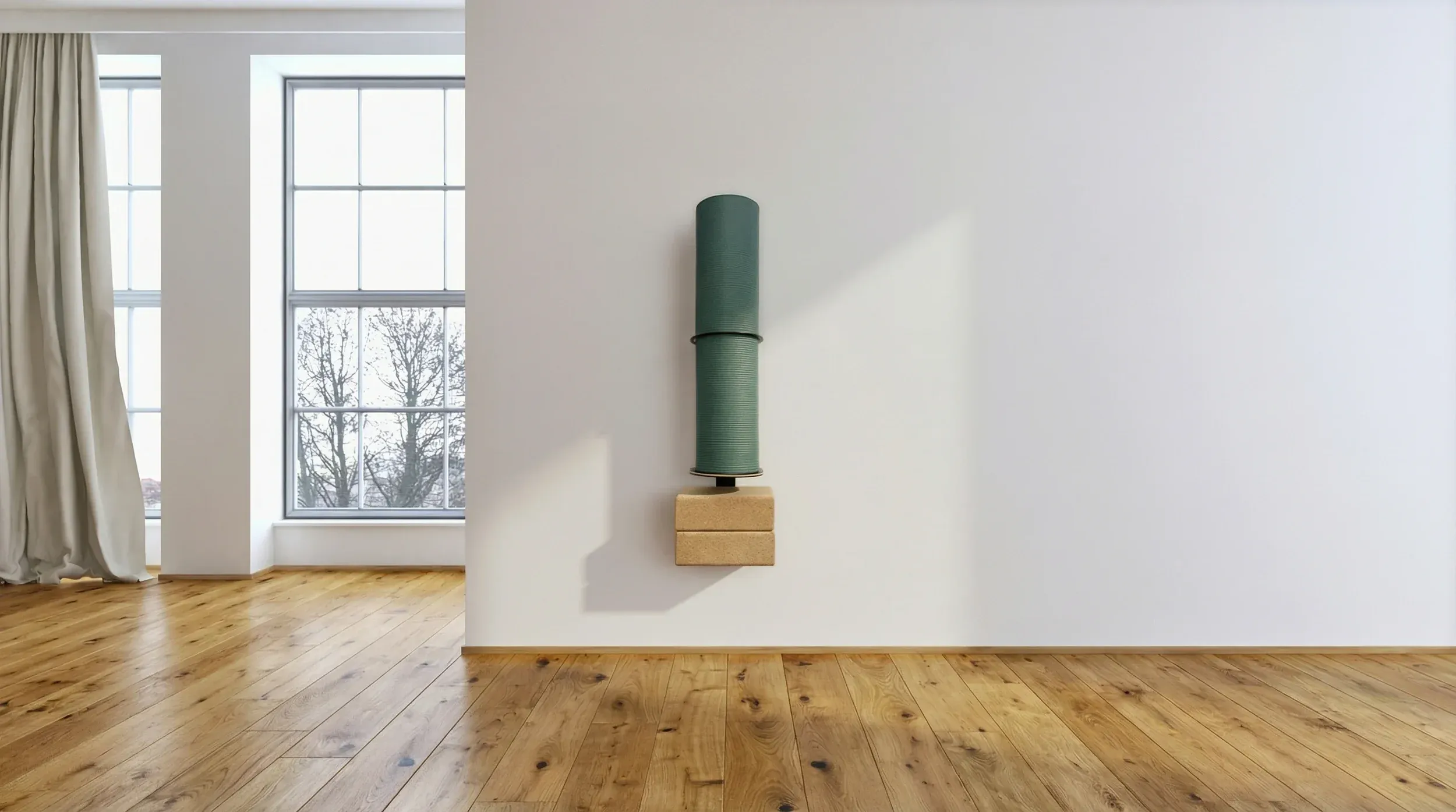 DuoBase Yogamattenhalterung an weißer Wand montiert in hellem minimalistischem Raum