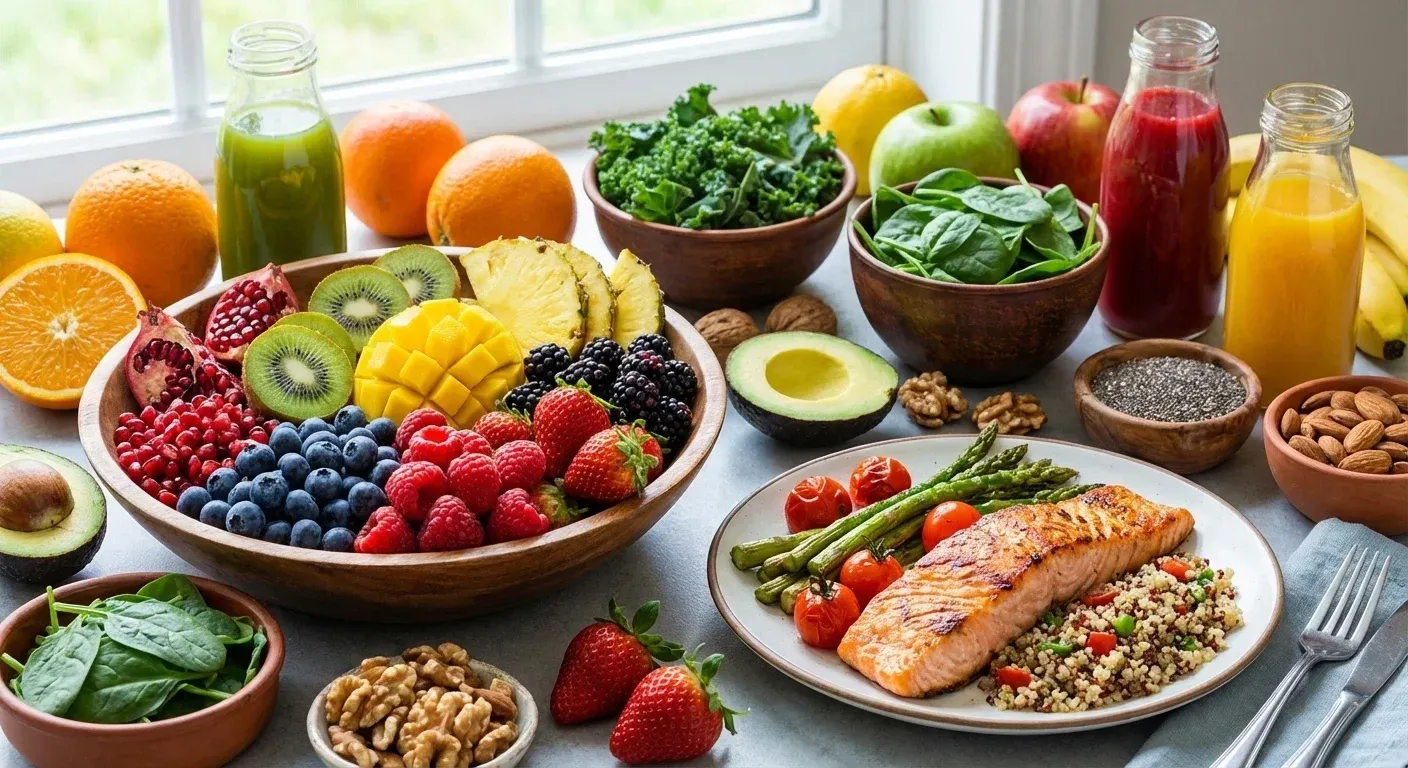 Bunte, gesunde Ernährung zum Abnehmen mit gesunden Fetten, Proteinen und Ballaststoffen
