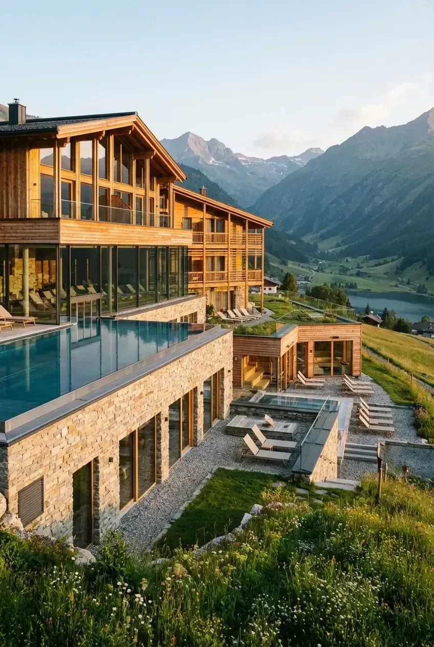 Yoga- und Wellnesshotel aus Holz und Naturstein mit Infinity-Pool vor Alpenpanorama und Bergsee
