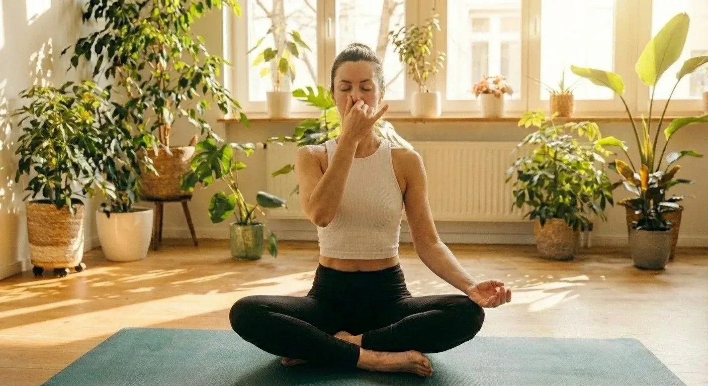 Frau macht Wechselatmung Nadi Shodhana aus dem Yoga Pranayama
