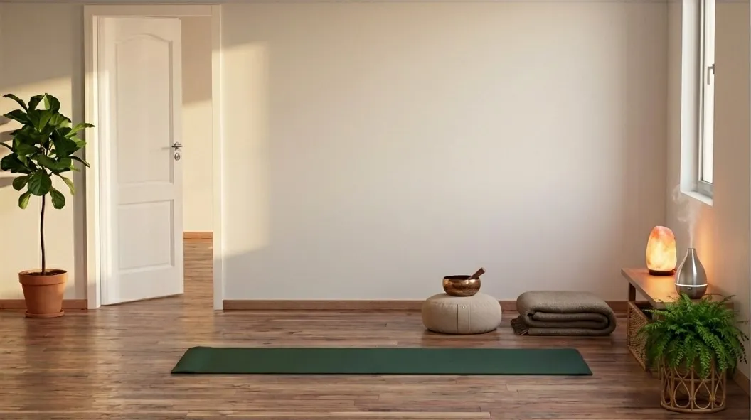 Ein ruhiger Yoga-Platz mit ausgerollter Matte, fotografiert aus Bodenhöhe.
