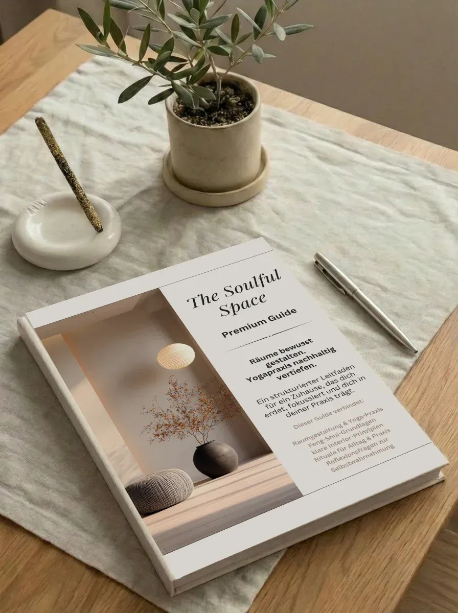 Guide zur Raumgestaltung nach Feng Shui für Yoga Raum liegt auf Tisch
