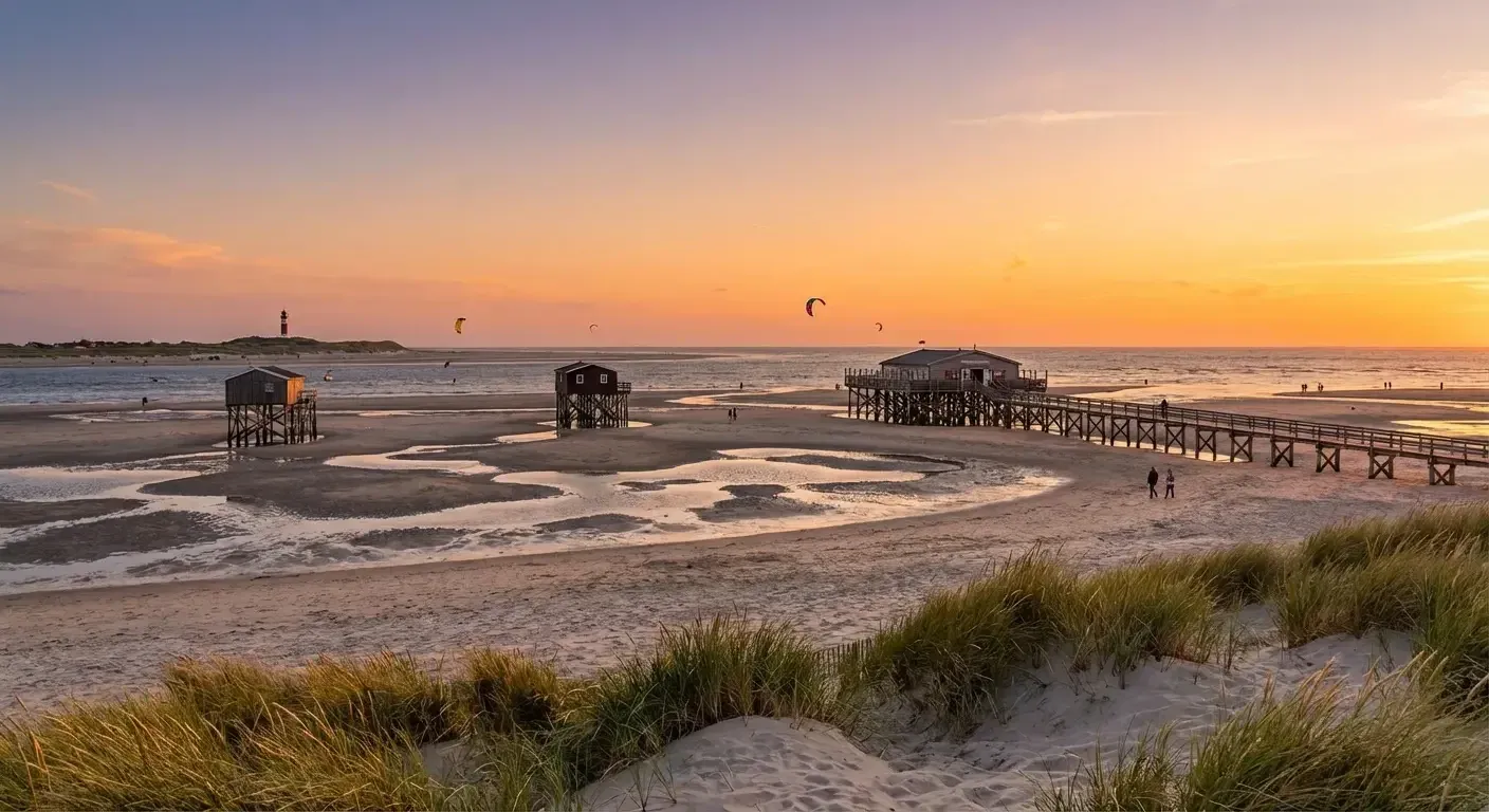 Strand von Sankt Peter-Ording bei Sonnenuntergang mit Pfahlbauten, Seebrücke, Kitesurfern und Dünen – Yoga Urlaub an der Nordsee