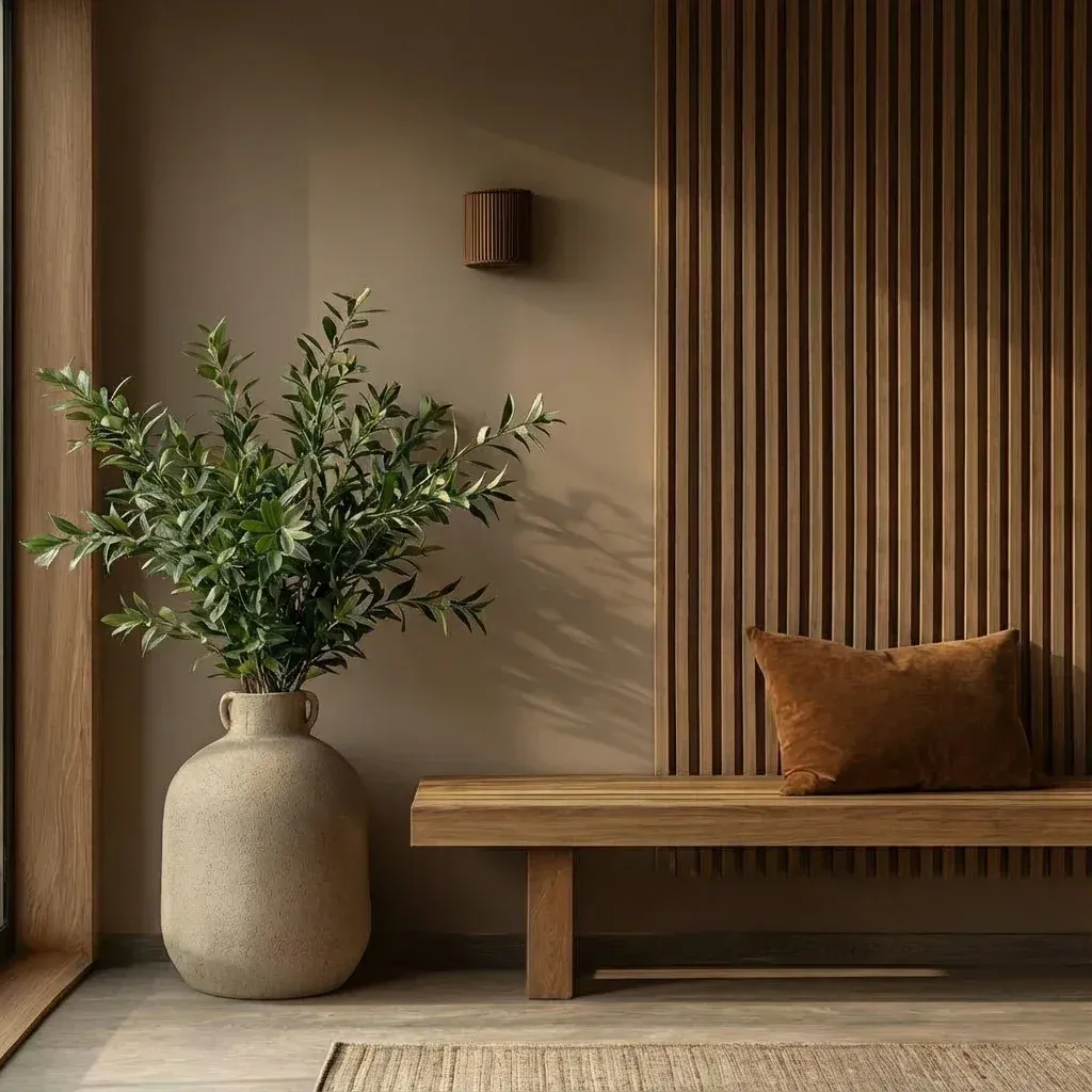 Eingangsbereich in warmen Brauntönen mit Holzlamellenwand, Holzbank, Samtkissen und Steinvase mit Olivenzweigen – Interieur Trend 2026