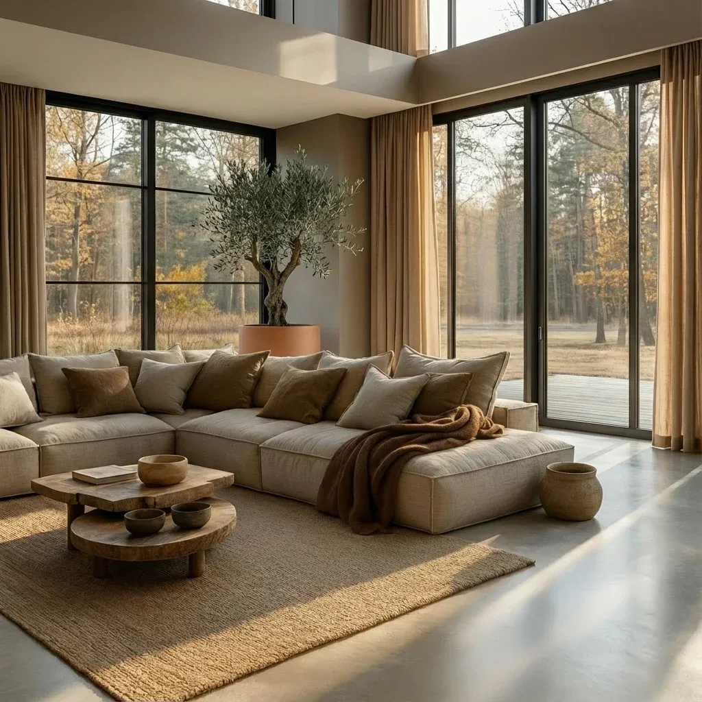Wohnraum im Soulful Living Stil mit warmen Erdtönen und organischen Möbeln