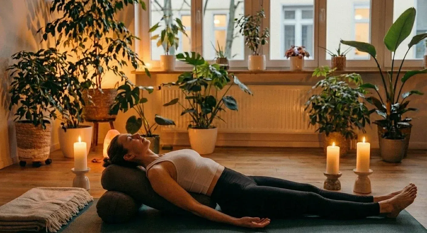 Yin Yoga Frau in Fisch Asana auf Bolster in Yogaraum mit Kerzen