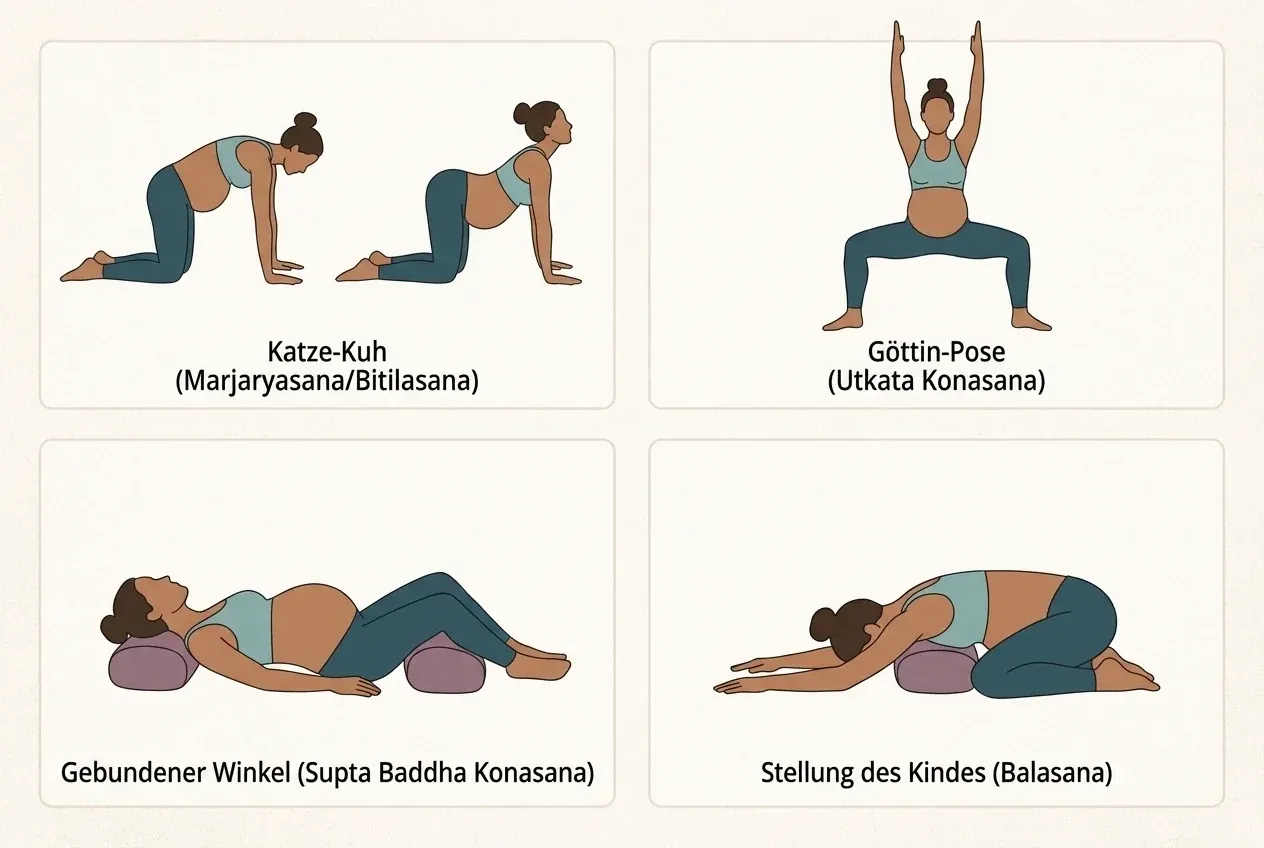 Illustration von vier Yogahaltungen für die Schwangerschaft: Katze-Kuh, Göttin-Pose, gebundener Winkel mit Bolster und Stellung des Kindes