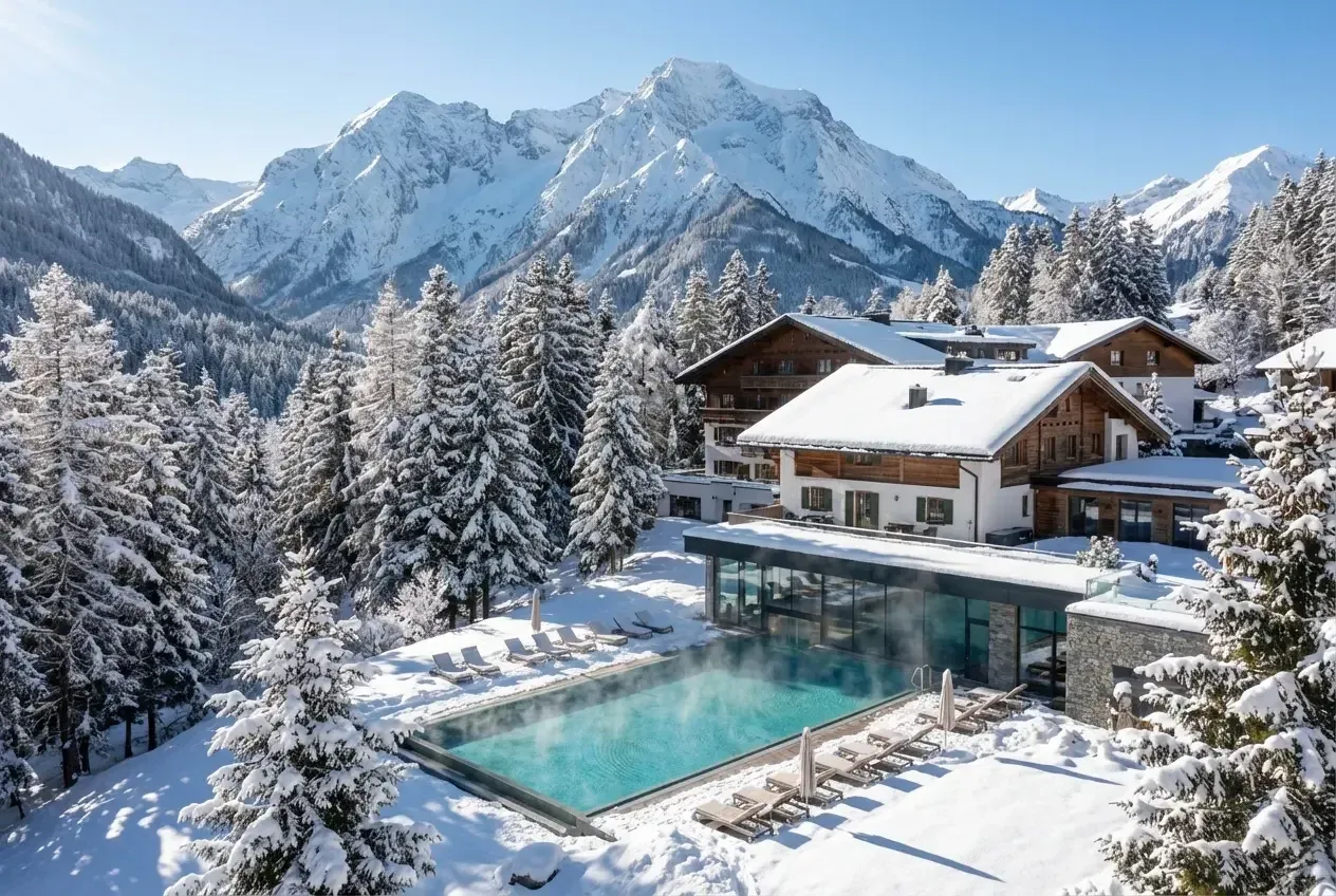 Kleines Yoga Hotel im Schnee in den österreichischen Alpen