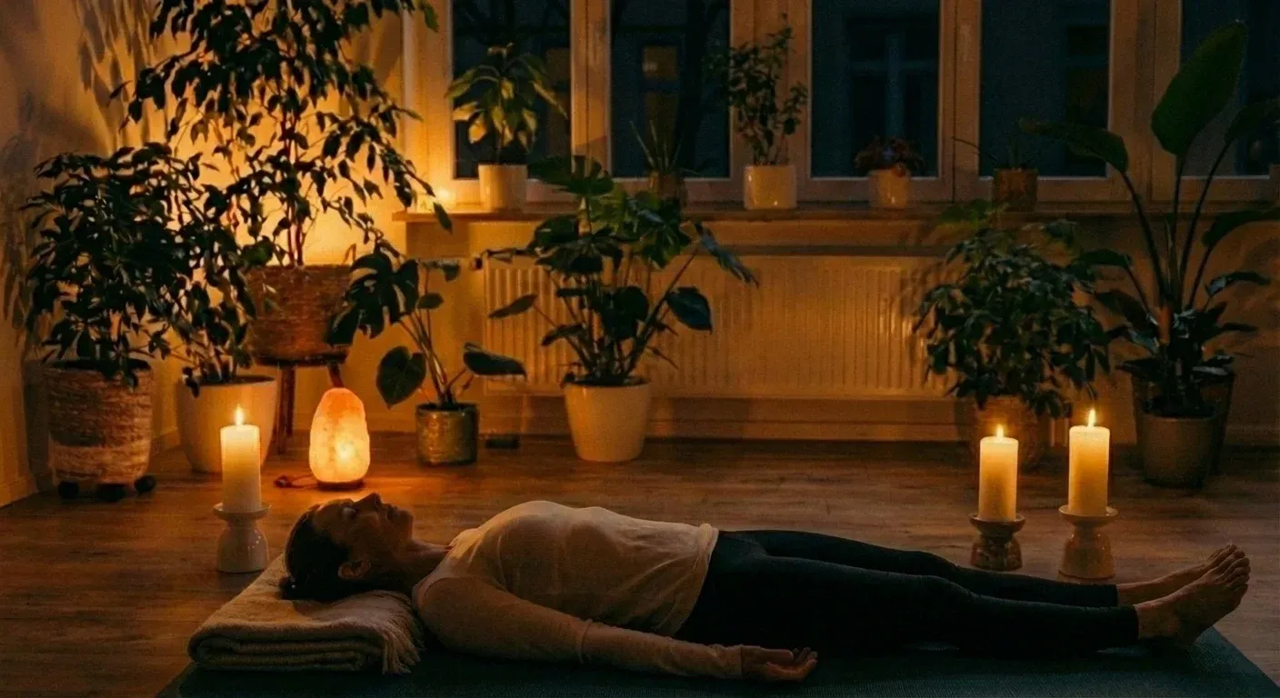 Yoga Nidra Regeneration Frau liegt auf Matte im Yogaraum