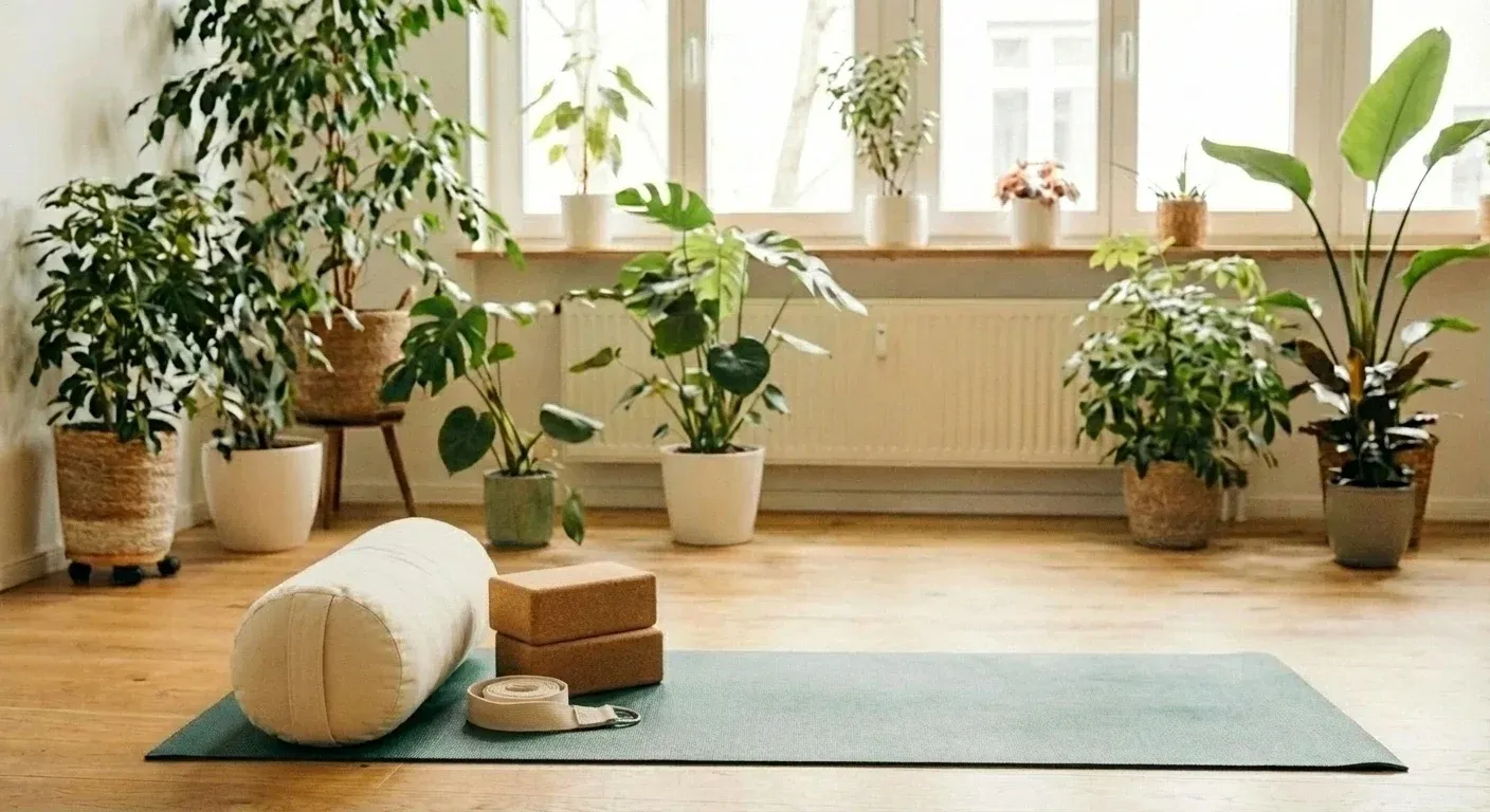 Yogamatte mit Bolster, Korkblöcken und Yogagurt in einem hellen Raum mit Zimmerpflanzen – sanfte Yogapraxis mit Hilfsmitteln