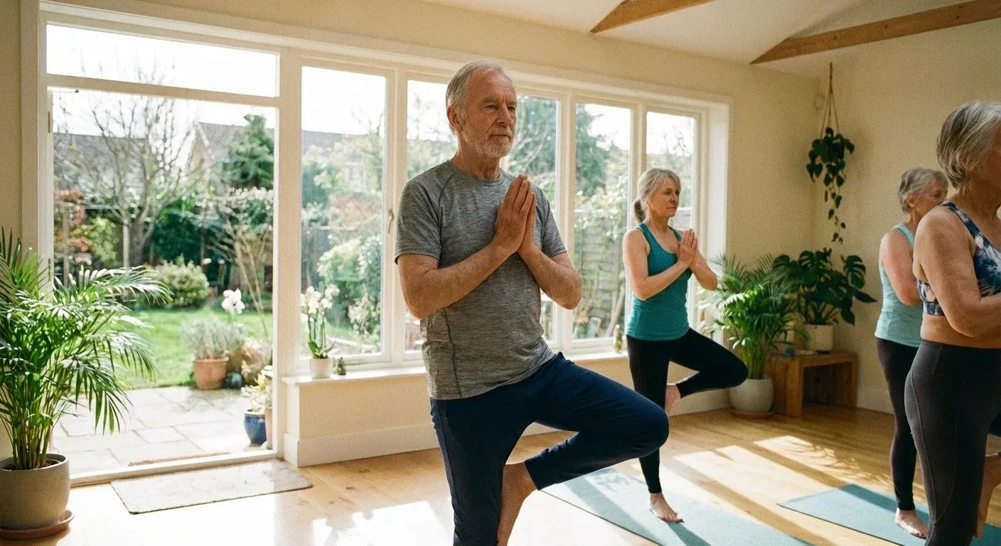 Älterer Mann und mehrere Frauen üben den Baum in einem hellen Yogaraum mit Blick in den Garten – Yoga für Senioren