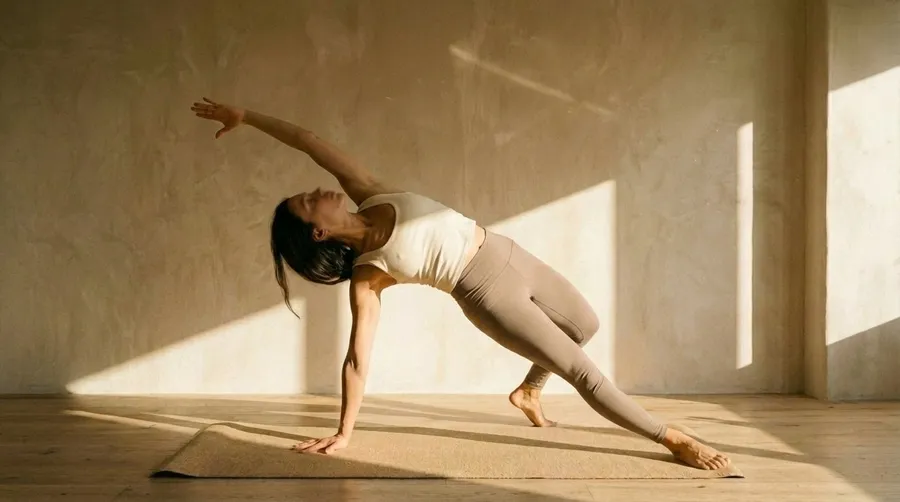 Frau übt Yoga auf einer Matte im warmen Sonnenlicht vor einer hellen Wand
