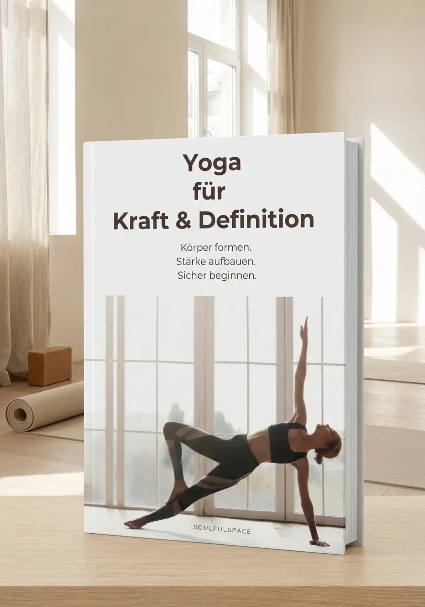 E-Book bzw pysisches Buch steht auf Tisch. Yoga für Straffung, Kraft & Definition