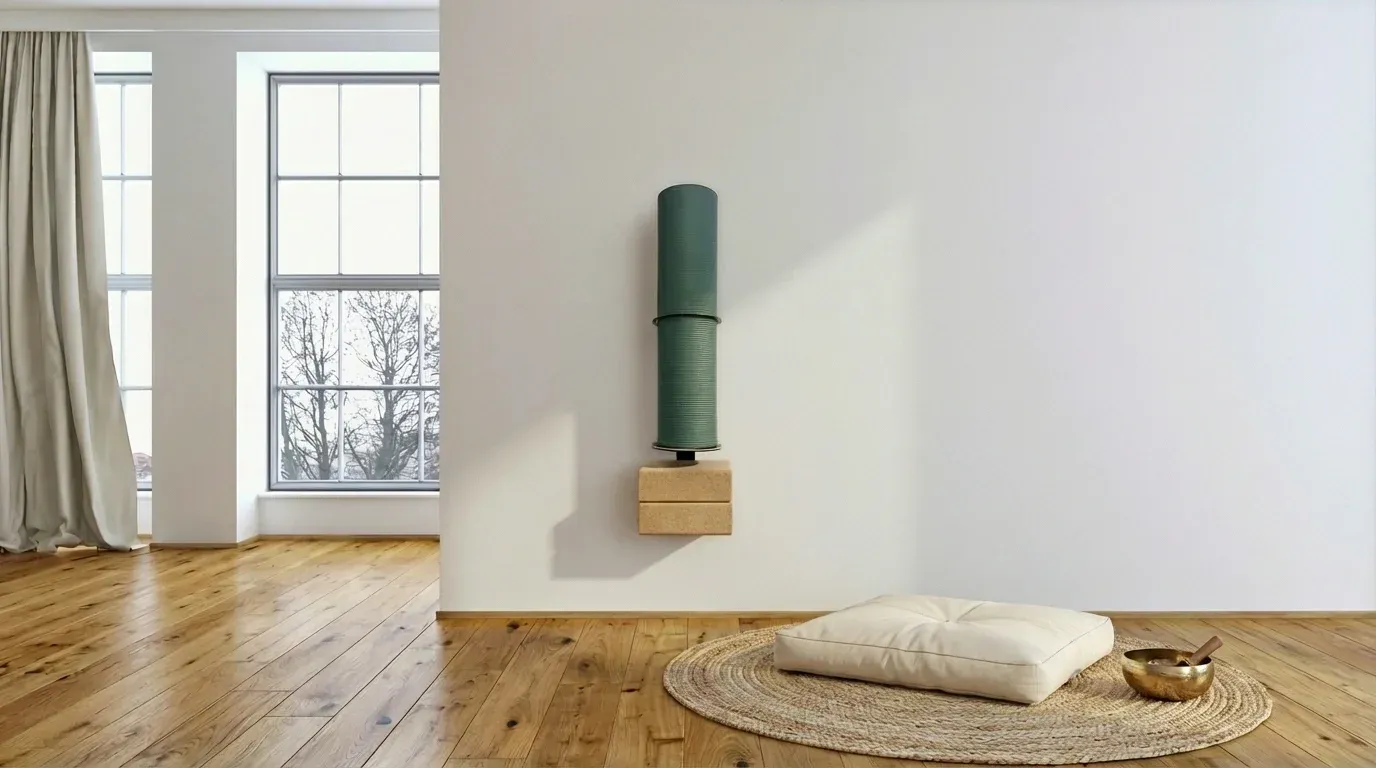 Ruhiger Yogaraum mit DuoBase an der Wand, Meditationskissen und Klangschale