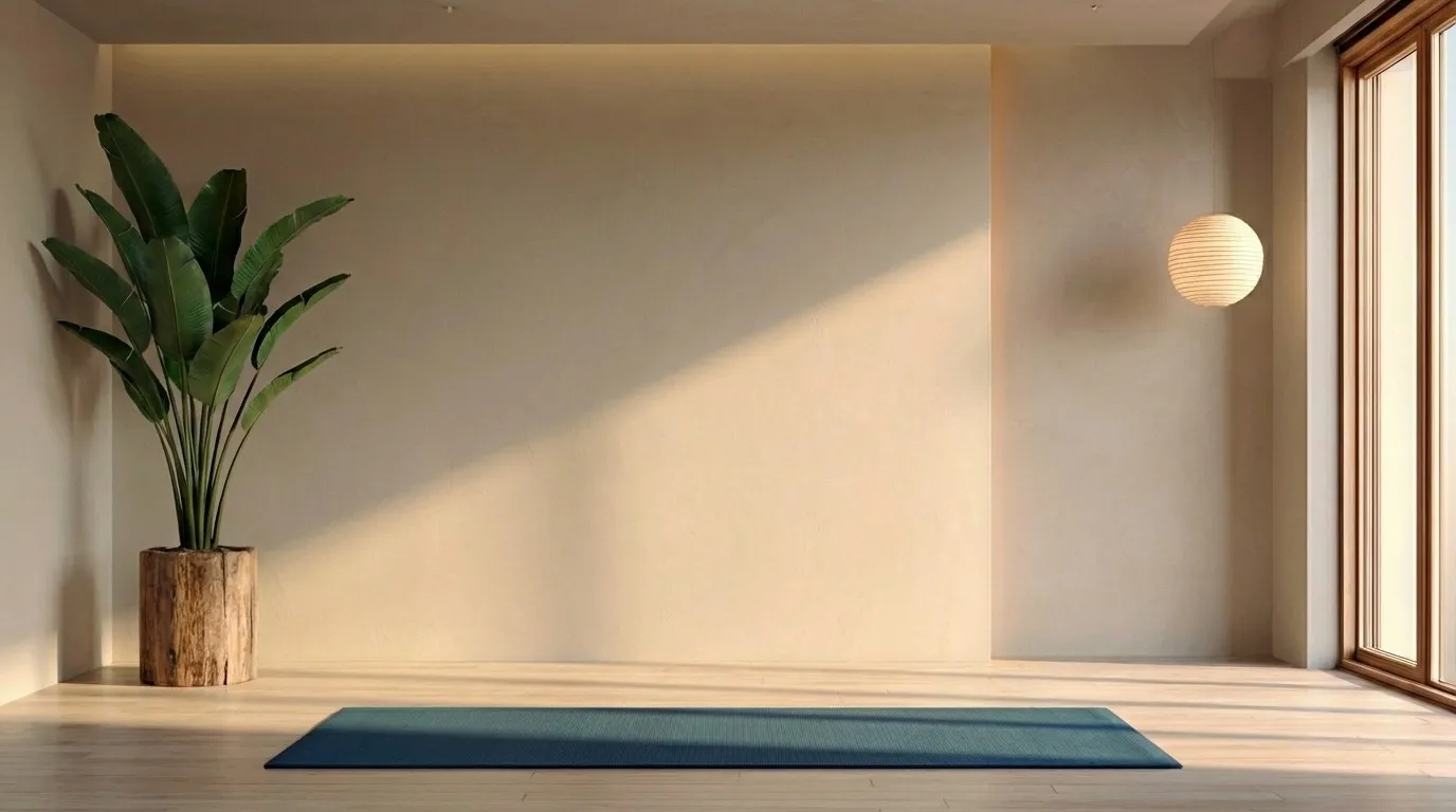 Ruhiger, leerer Raum mit ausgerollter Yogamatte, Pflanze und warmem Sonnenlicht an der Wand