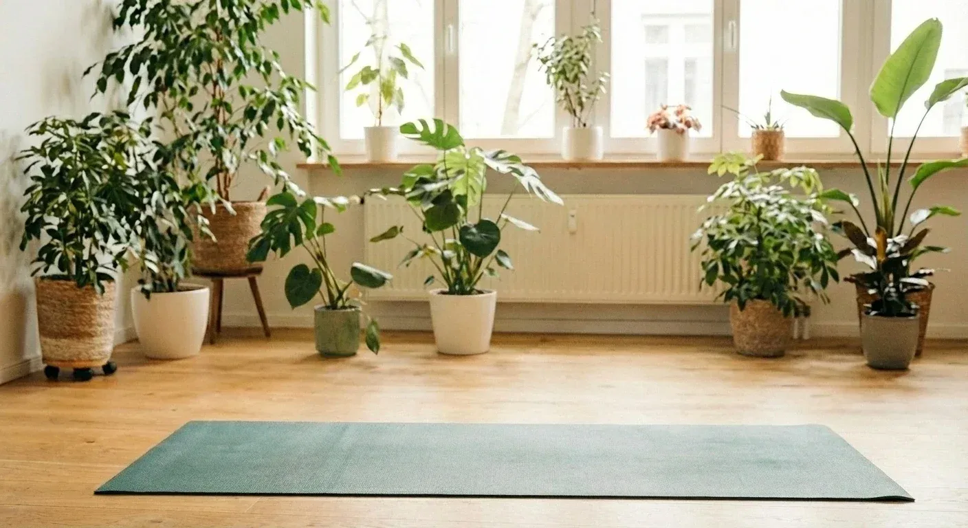 Yogaraum welcher hell ist und mit Pflanzen versehen. In der Mitte liegt eine grüne Yogamatte