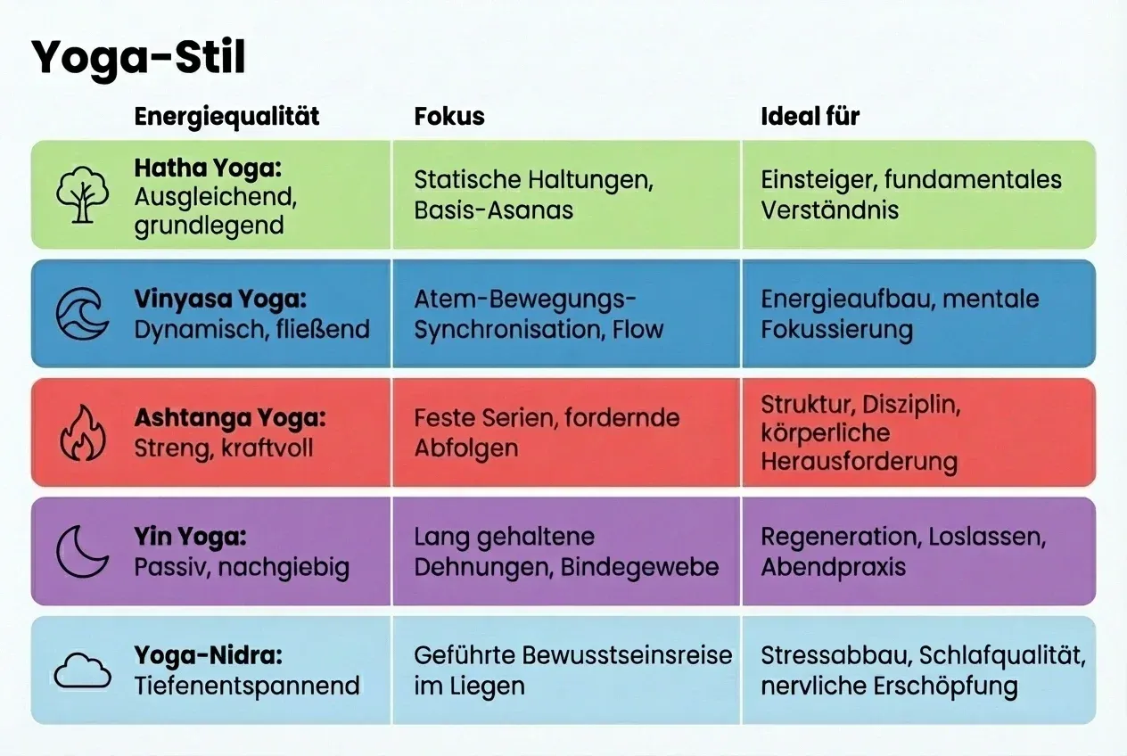 Das Bild zeigt die Yoga-Stile und deren Energiequalität, Fokus und für wen es ideal ist